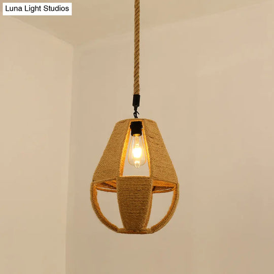 Vintage Hemp Rope Pendant Light In Brown For Restaurants - 1-Light Antique Caged Design / J