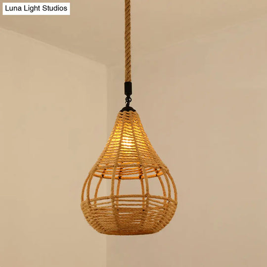 Vintage Hemp Rope Pendant Light In Brown For Restaurants - 1-Light Antique Caged Design / D