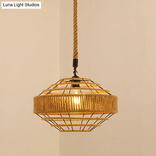 Vintage Hemp Rope Pendant Light In Brown For Restaurants - 1-Light Antique Caged Design / G