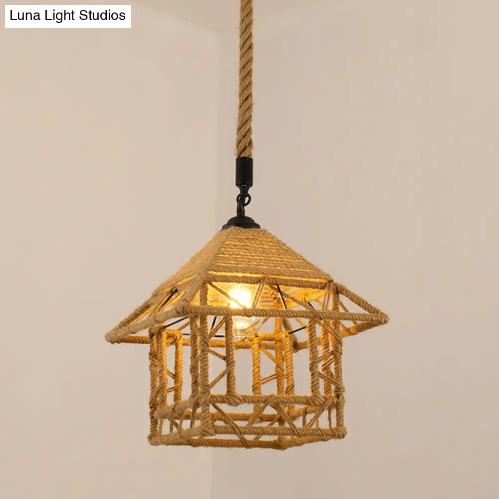 Vintage Hemp Rope Pendant Light In Brown For Restaurants - 1-Light Antique Caged Design / M