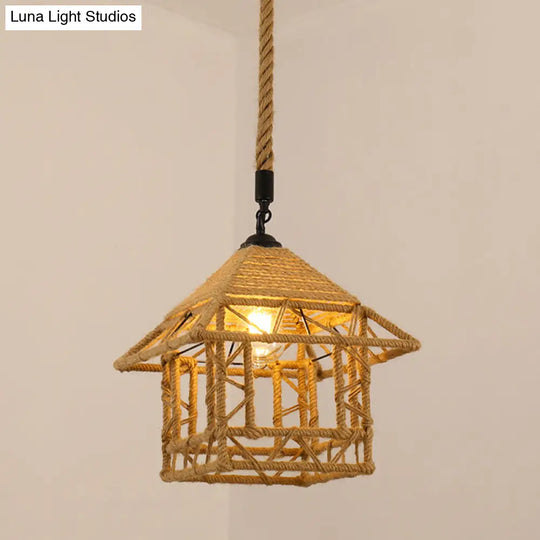 Vintage Hemp Rope Pendant Light In Brown For Restaurants - 1-Light Antique Caged Design / M