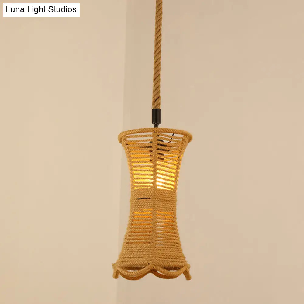 Vintage Hemp Rope Pendant Light In Brown For Restaurants - 1-Light Antique Caged Design / C