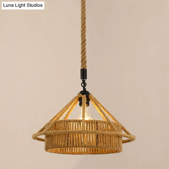 Vintage Hemp Rope Pendant Light In Brown For Restaurants - 1-Light Antique Caged Design / K