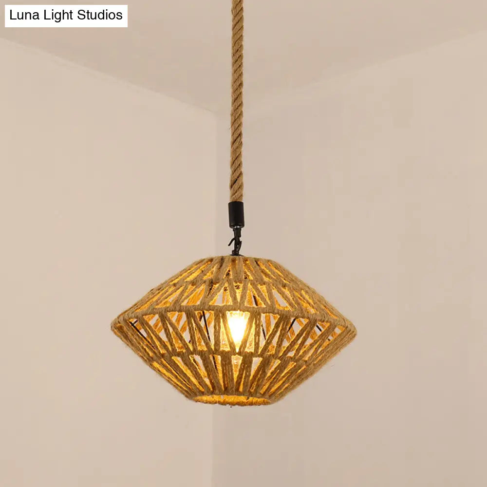 Vintage Hemp Rope Pendant Light In Brown For Restaurants - 1-Light Antique Caged Design / H