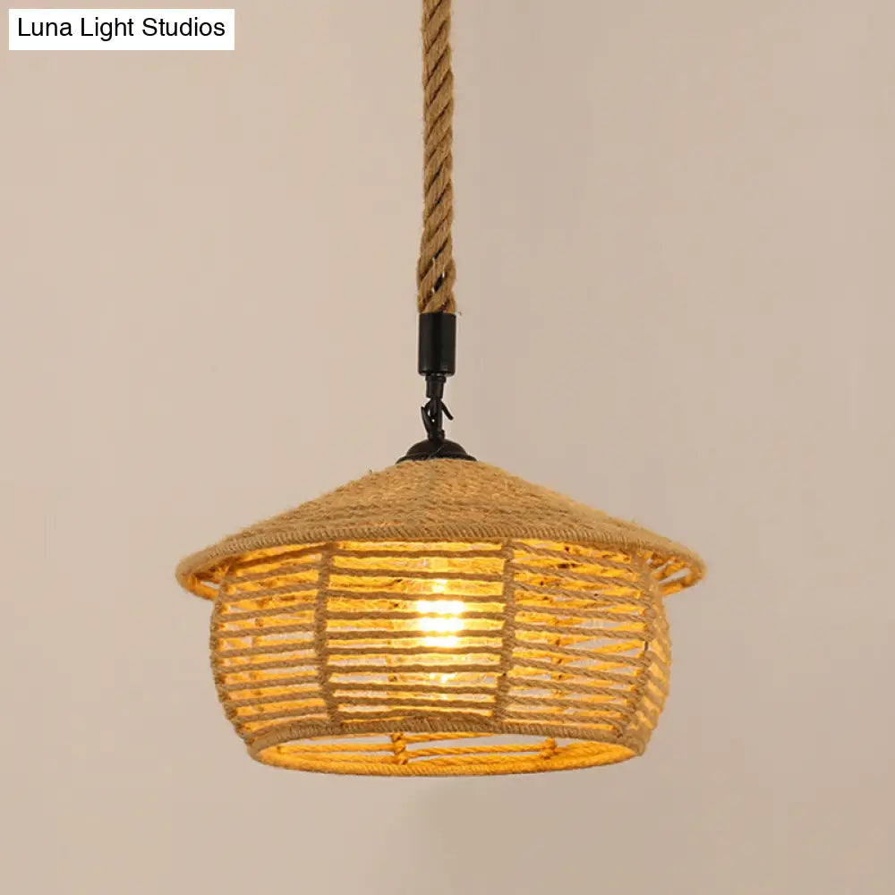 Vintage Hemp Rope Pendant Light In Brown For Restaurants - 1-Light Antique Caged Design / L