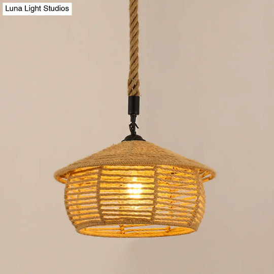 Vintage Hemp Rope Pendant Light In Brown For Restaurants - 1-Light Antique Caged Design / L