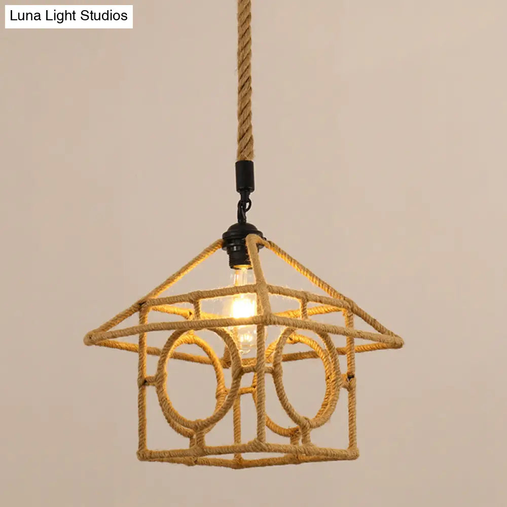 Vintage Hemp Rope Pendant Light In Brown For Restaurants - 1-Light Antique Caged Design / N