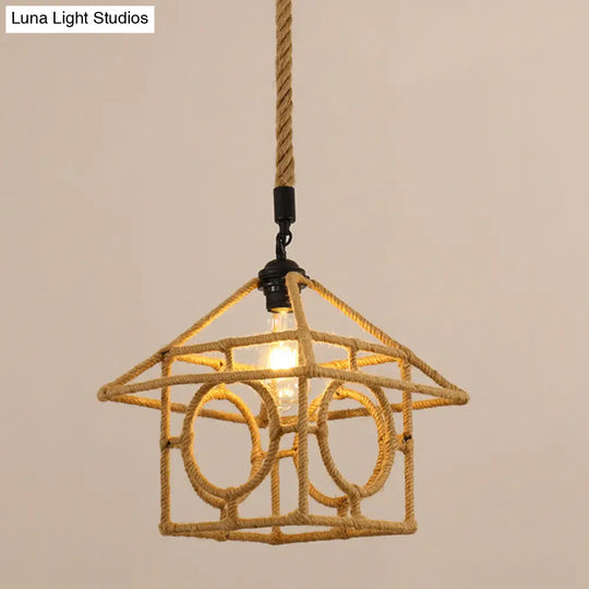 Vintage Hemp Rope Pendant Light In Brown For Restaurants - 1-Light Antique Caged Design / N