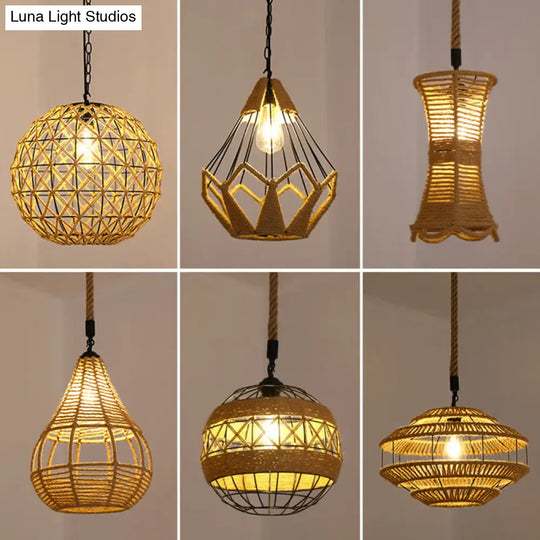 Vintage Hemp Rope Pendant Light In Brown For Restaurants - 1-Light Antique Caged Design