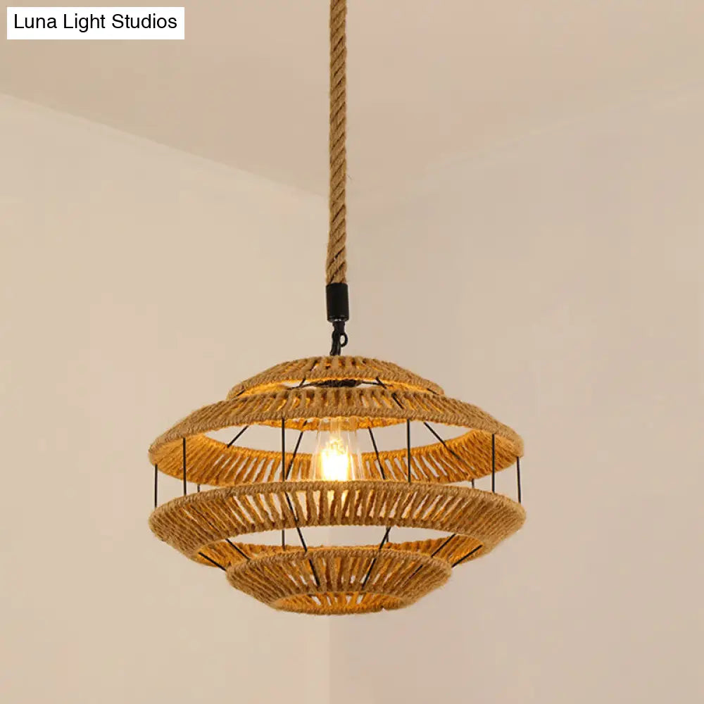 Vintage Hemp Rope Pendant Light In Brown For Restaurants - 1-Light Antique Caged Design / F