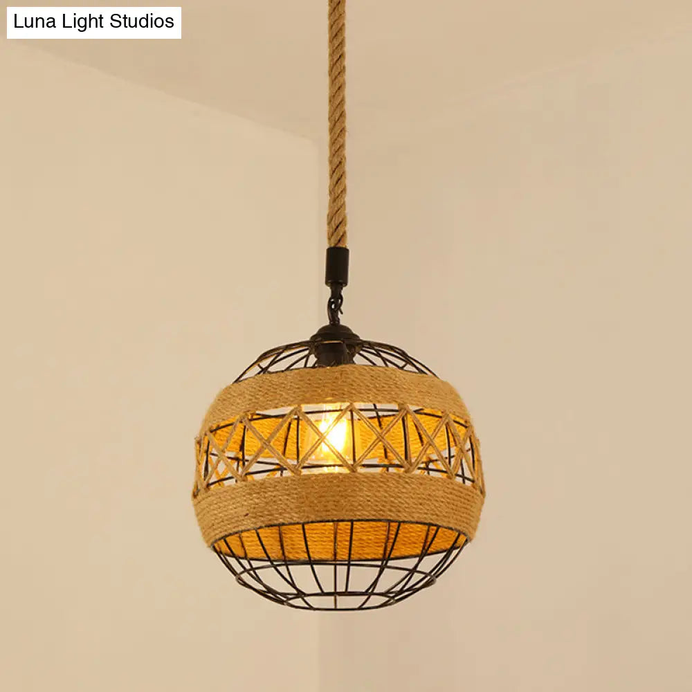 Vintage Hemp Rope Pendant Light In Brown For Restaurants - 1-Light Antique Caged Design / E