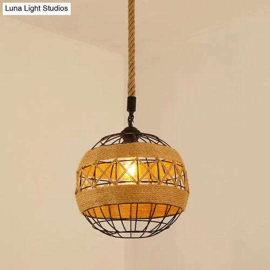 Vintage Hemp Rope Pendant Light In Brown For Restaurants - 1-Light Antique Caged Design / E