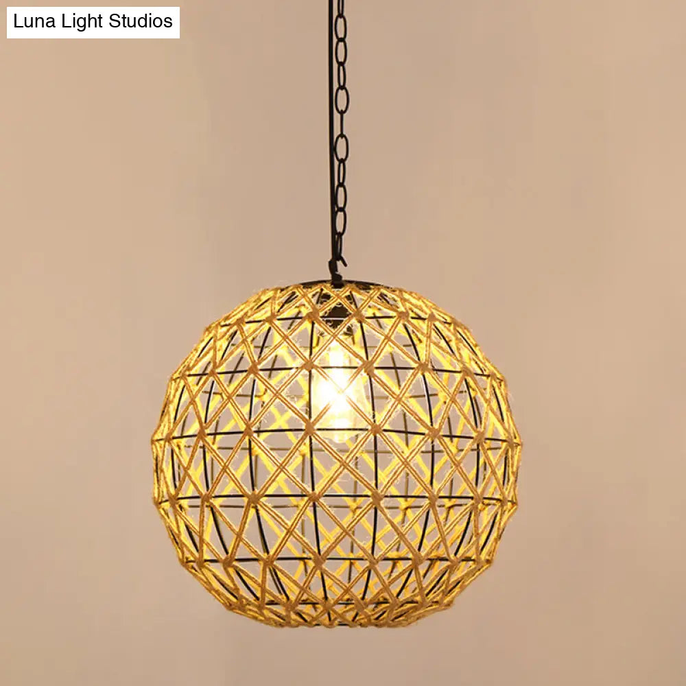 Vintage Hemp Rope Pendant Light In Brown For Restaurants - 1-Light Antique Caged Design / A