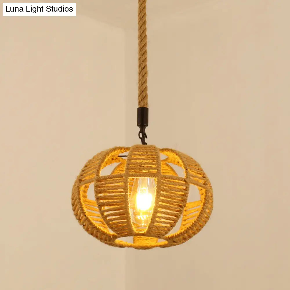 Vintage Hemp Rope Pendant Light In Brown For Restaurants - 1-Light Antique Caged Design / I