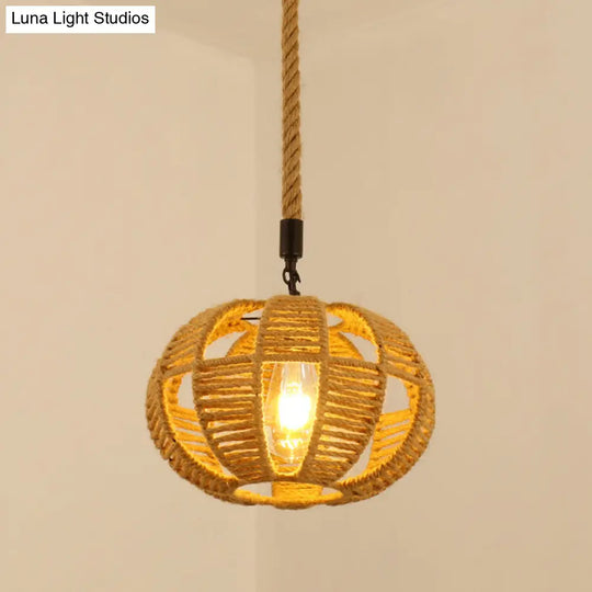 Vintage Hemp Rope Pendant Light In Brown For Restaurants - 1-Light Antique Caged Design / I