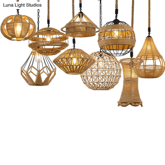 Antique Caged Pendant Light With Hemp Rope - Brown 1-Light For Restaurants