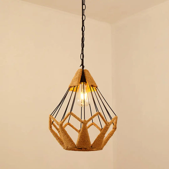 Antique Caged Pendant Light With Hemp Rope - Brown 1-Light For Restaurants / B