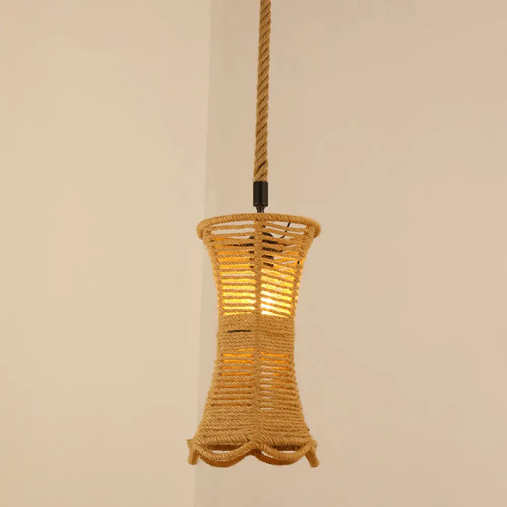 Antique Caged Pendant Light With Hemp Rope - Brown 1-Light For Restaurants / C