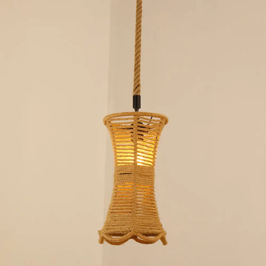 Antique Caged Pendant Light With Hemp Rope - Brown 1-Light For Restaurants / C