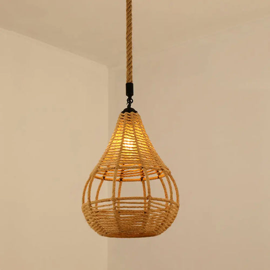 Antique Caged Pendant Light With Hemp Rope - Brown 1-Light For Restaurants / D