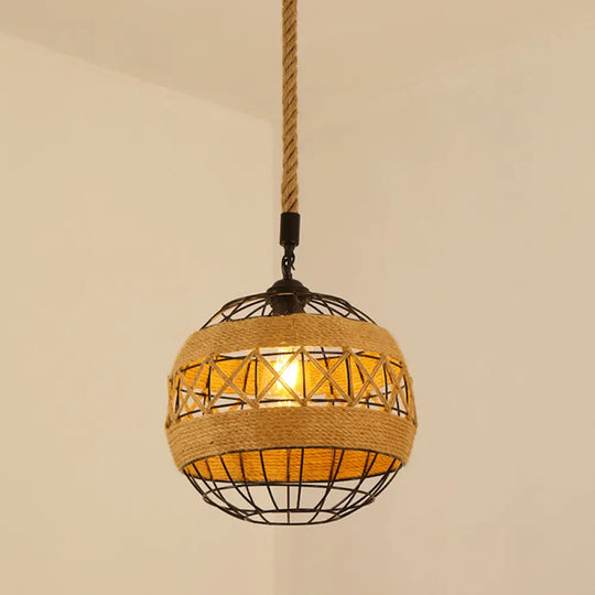 Antique Caged Pendant Light With Hemp Rope - Brown 1-Light For Restaurants / E