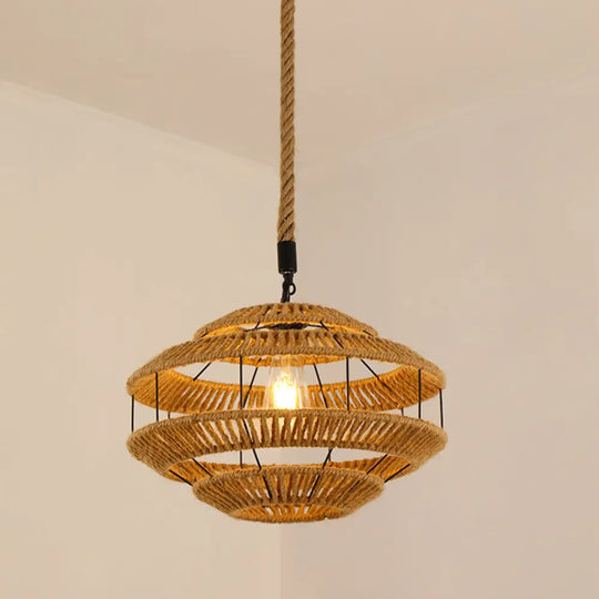 Antique Caged Pendant Light With Hemp Rope - Brown 1-Light For Restaurants / F