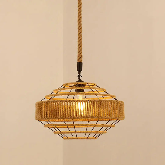 Antique Caged Pendant Light With Hemp Rope - Brown 1-Light For Restaurants / G