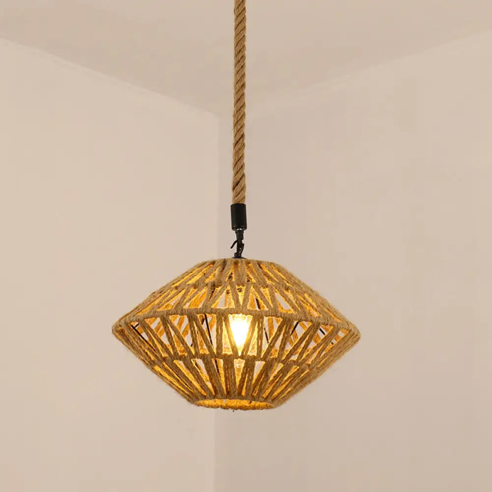 Antique Caged Pendant Light With Hemp Rope - Brown 1-Light For Restaurants / H