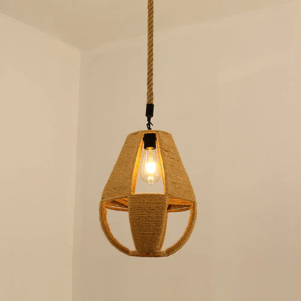 Antique Caged Pendant Light With Hemp Rope - Brown 1-Light For Restaurants / J