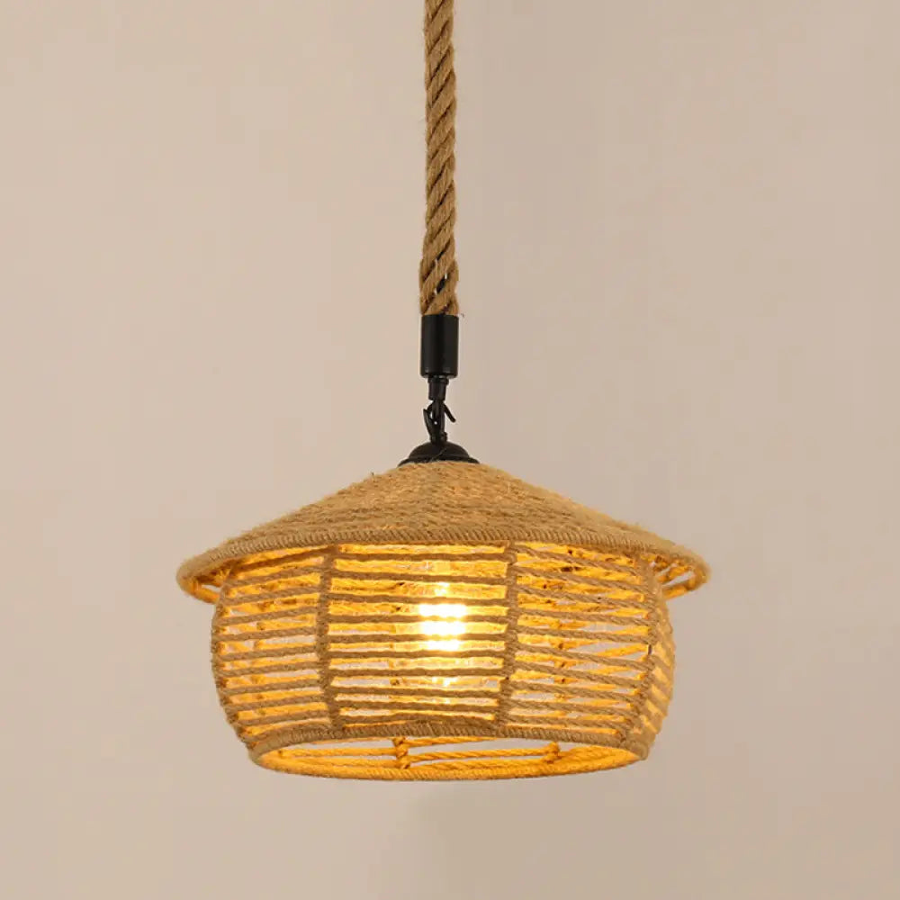 Antique Caged Pendant Light With Hemp Rope - Brown 1-Light For Restaurants / L