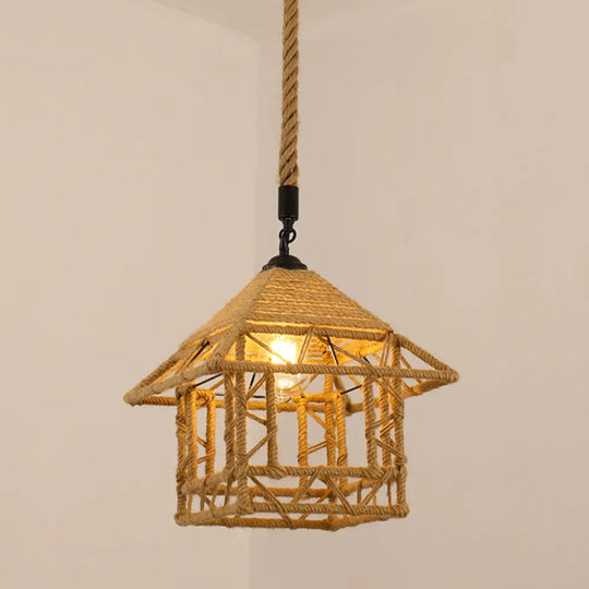 Antique Caged Pendant Light With Hemp Rope - Brown 1-Light For Restaurants / M