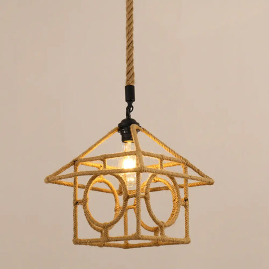 Antique Caged Pendant Light With Hemp Rope - Brown 1-Light For Restaurants / N