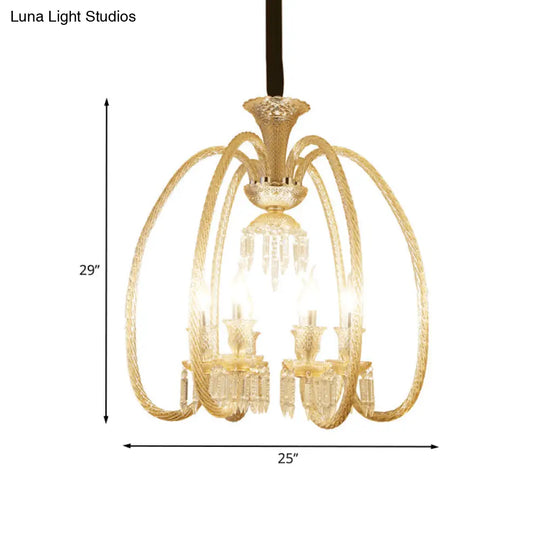 Antique Chandelier For Living Room Pendant - 6/8 Heads Curving Cognac Glass Arm & Clear Crystal