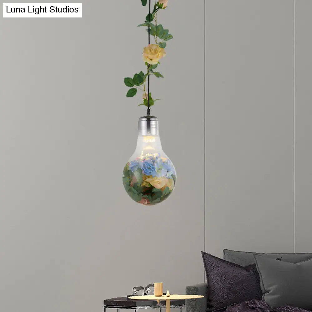 Antique Clear Glass Bulb-Shaped Pendant Light 8.5/12 W With Chrome Flower Drop Lamp - Ideal For