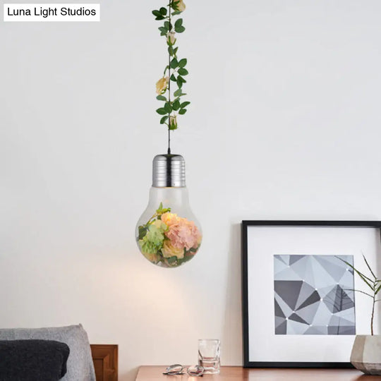 Antique Clear Glass Bulb-Shaped Pendant Light 8.5/12 W With Chrome Flower Drop Lamp - Ideal For