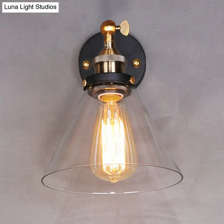 Antique Clear Glass Conical Wall Sconce With Single Bulb For Corridors