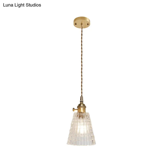 Antique Clear Glass Hanging Brass Pendant Light Fixture With Lattice/Grid Design - Ideal For Dining