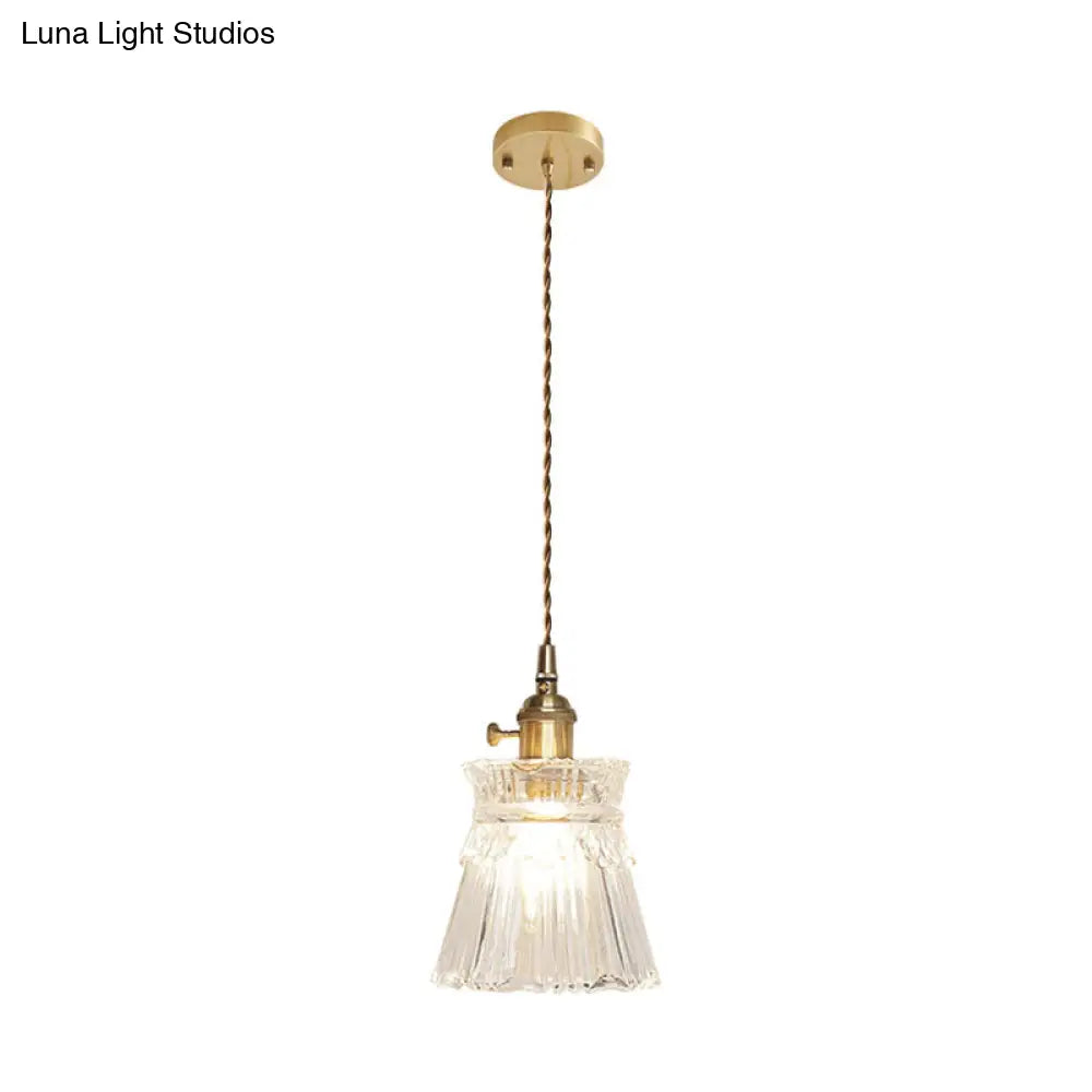 Antique Clear Glass Hanging Brass Pendant Light Fixture With Lattice/Grid Design - Ideal For Dining