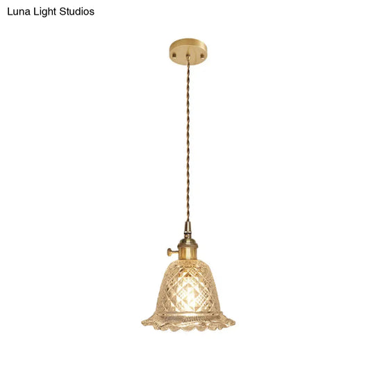 Antique Clear Glass Hanging Brass Pendant Light Fixture With Lattice/Grid Design - Ideal For Dining