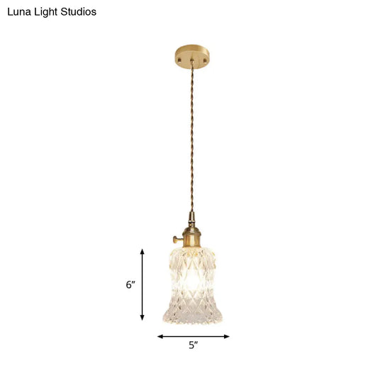 Antique Clear Glass Hanging Brass Pendant Light Fixture With Lattice/Grid Design - Ideal For Dining