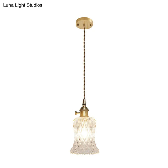 Antique Clear Glass Hanging Brass Pendant Light Fixture With Lattice/Grid Design - Ideal For Dining