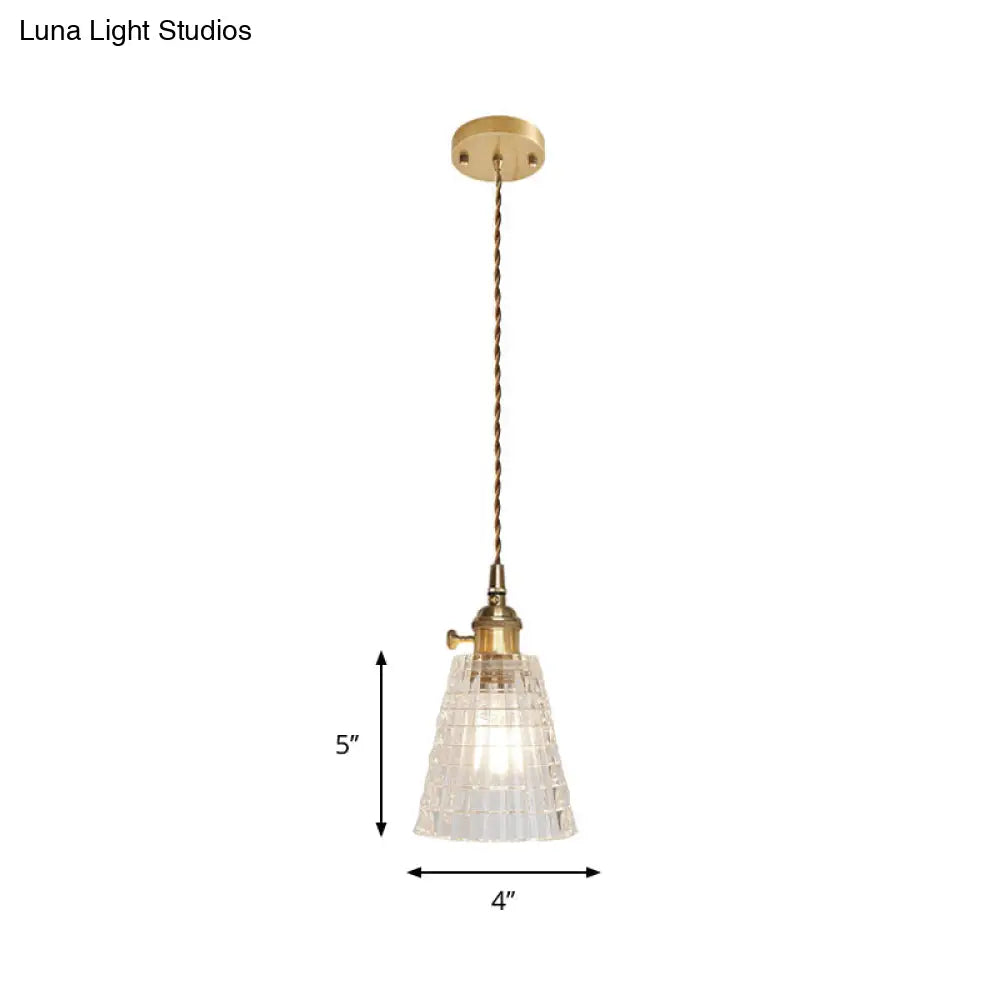 Antique Clear Glass Hanging Brass Pendant Light Fixture With Lattice/Grid Design - Ideal For Dining