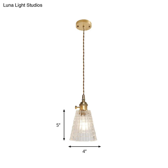 Antique Clear Glass Hanging Brass Pendant Light Fixture With Lattice/Grid Design - Ideal For Dining