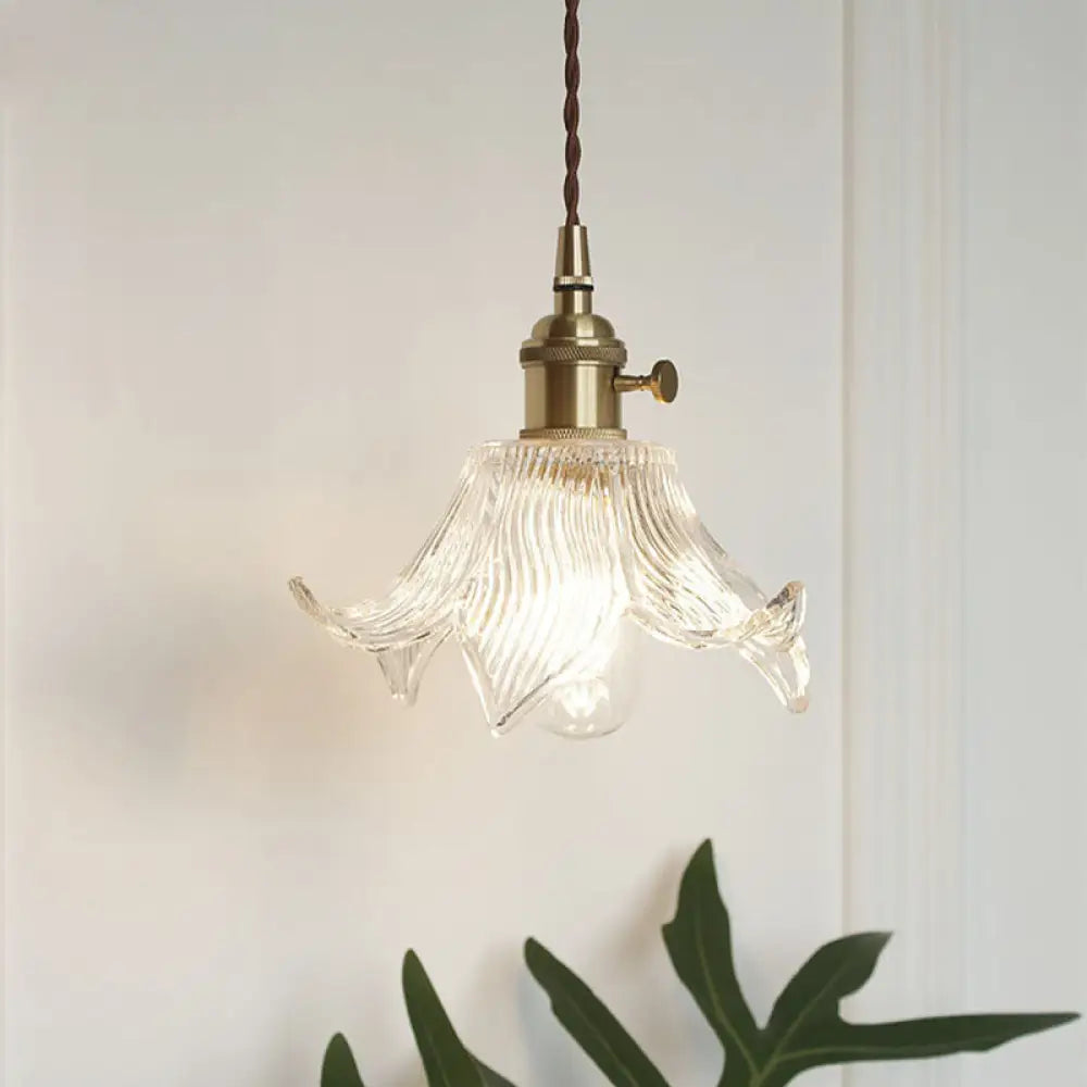 Antique Clear Glass Hanging Brass Pendant Light Fixture With Lattice/Grid Design - Ideal For Dining