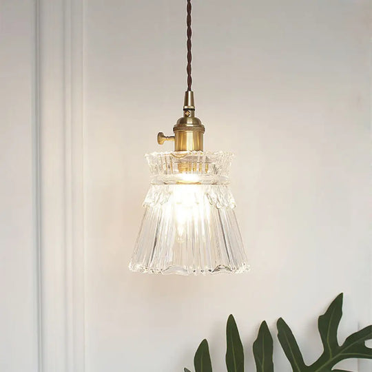 Antique Clear Glass Hanging Brass Pendant Light Fixture With Lattice/Grid Design - Ideal For Dining