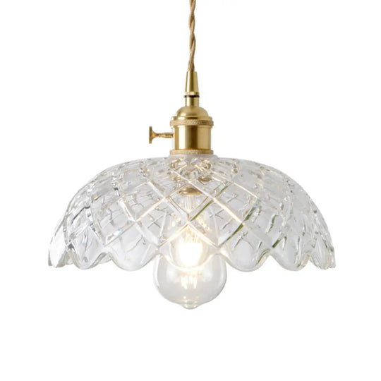 Antique Clear Glass Hanging Brass Pendant Light Fixture With Lattice/Grid Design - Ideal For Dining