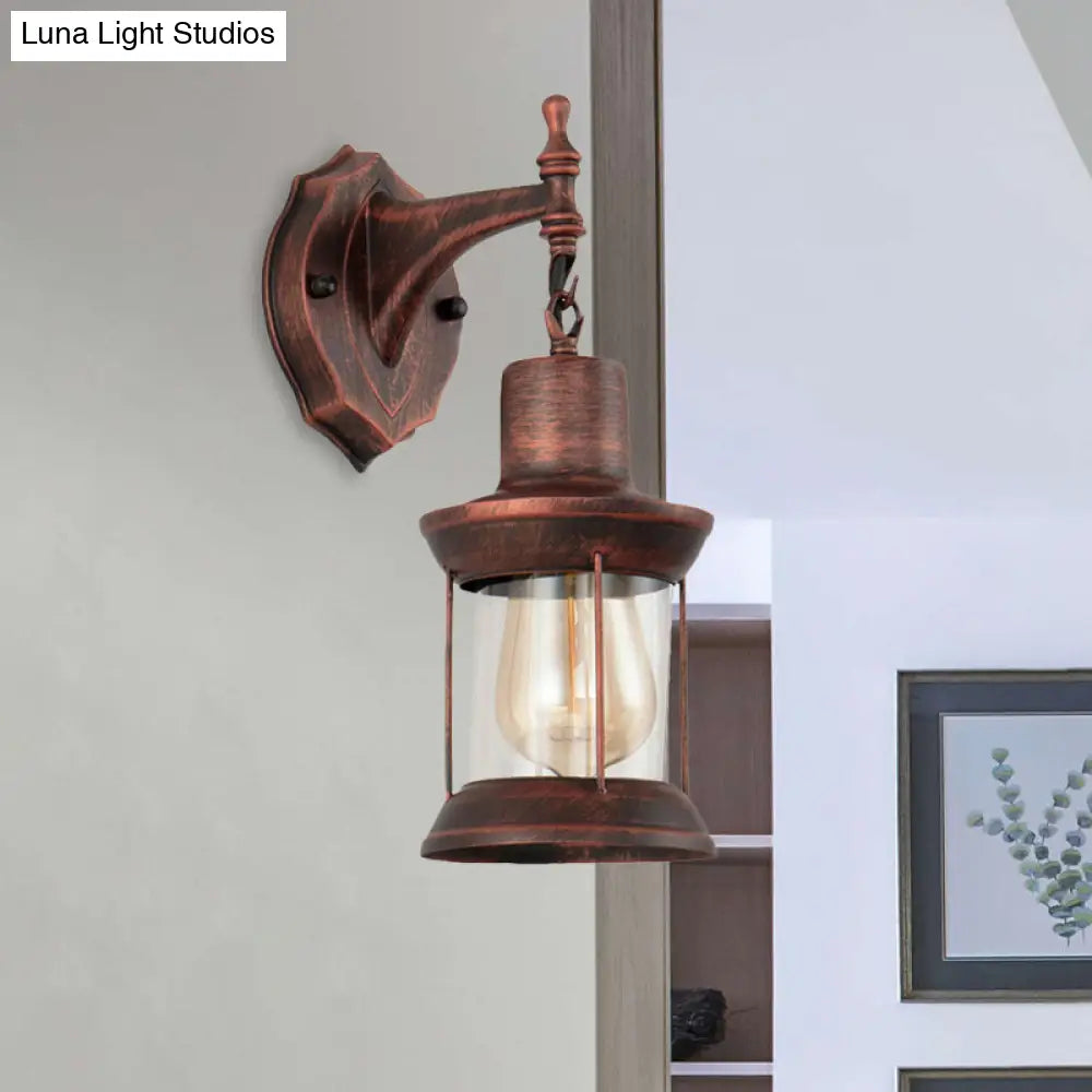 Antique Copper Glass Wall Mounted Lantern - Industrial Single Bulb Sconce Light For Bathroom