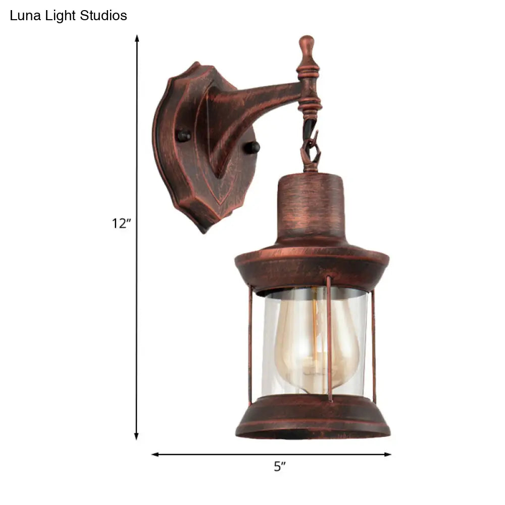 Antique Copper Glass Wall Mounted Lantern - Industrial Single Bulb Sconce Light For Bathroom