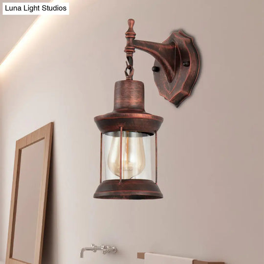 Antique Copper Glass Wall Mounted Lantern - Industrial Single Bulb Sconce Light For Bathroom