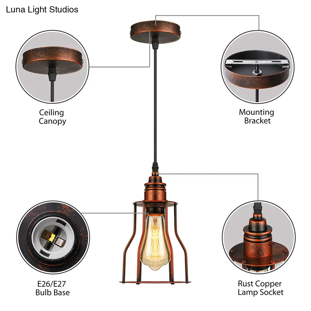 Antique Copper Pendant Lighting - Stylish Metallic Wire Guard Ceiling Light For Restaurants